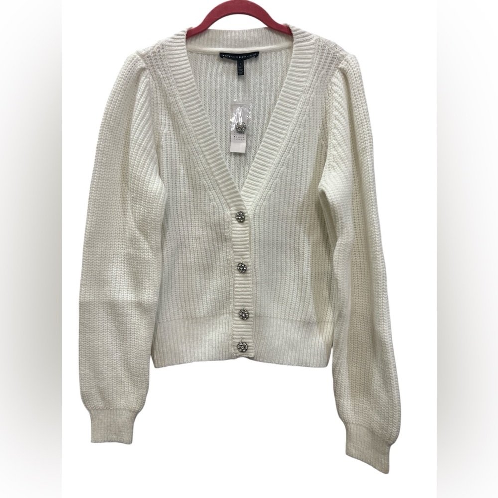 White House Black Market Embellished Button Cream/Ivory/Ecru V-Neck Cardigan